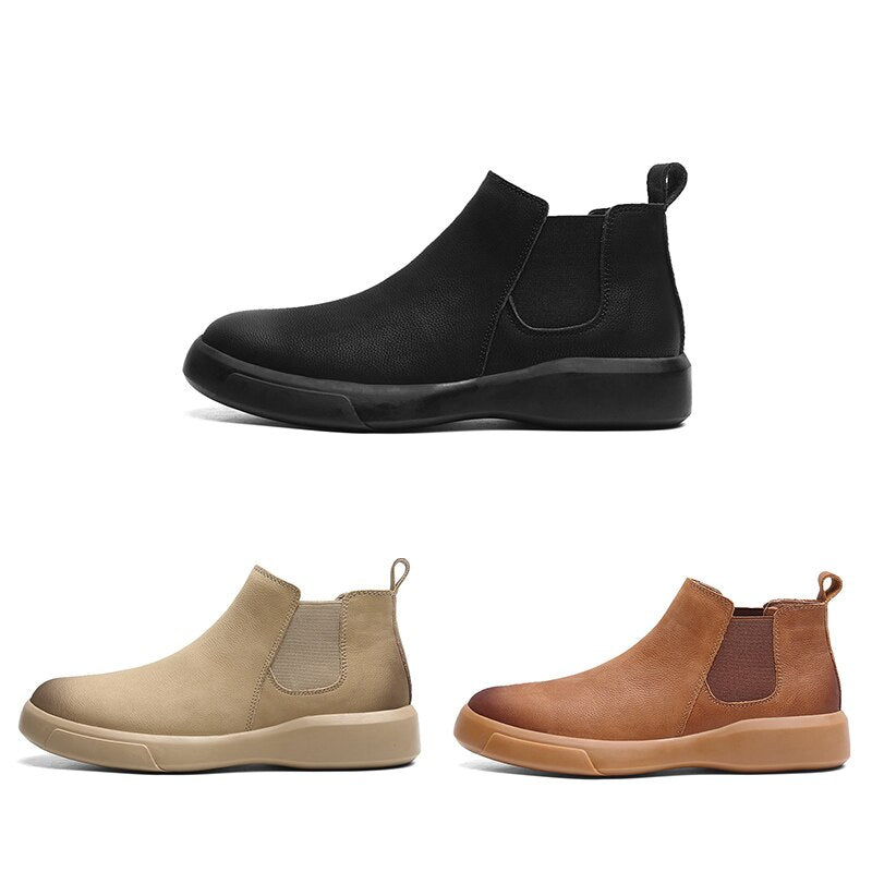 Men's Short Ankle Boots Waterproof Slip-On Leather