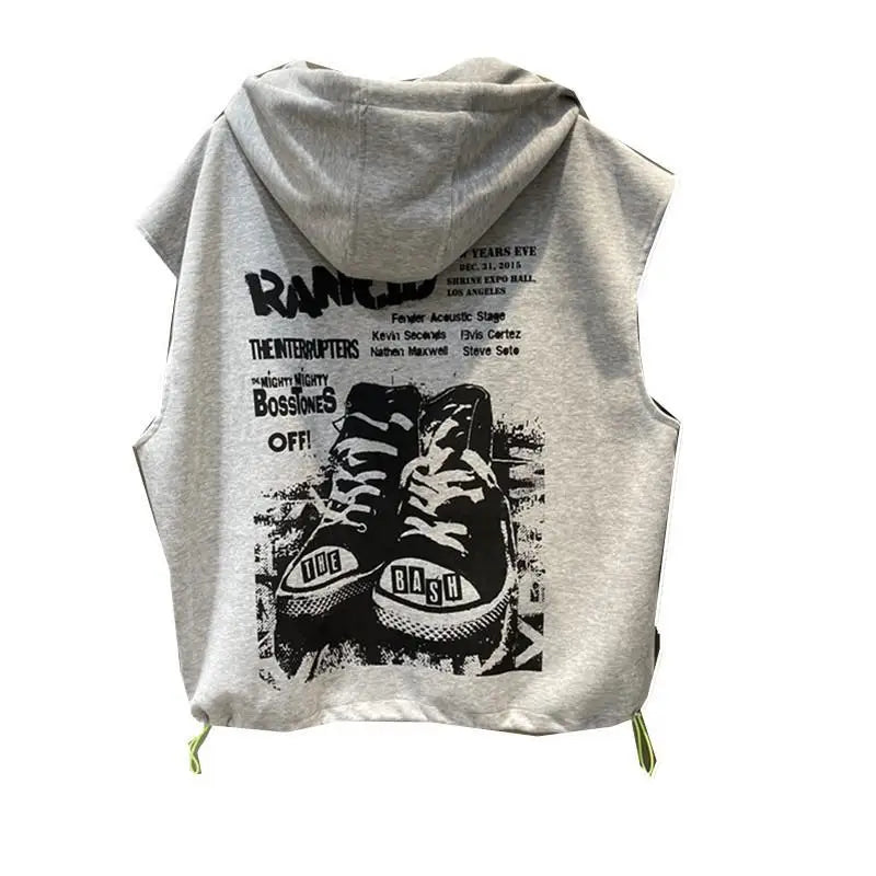Fashion Printed Letter Sleeveless Zipper Hooded Sweatshirts