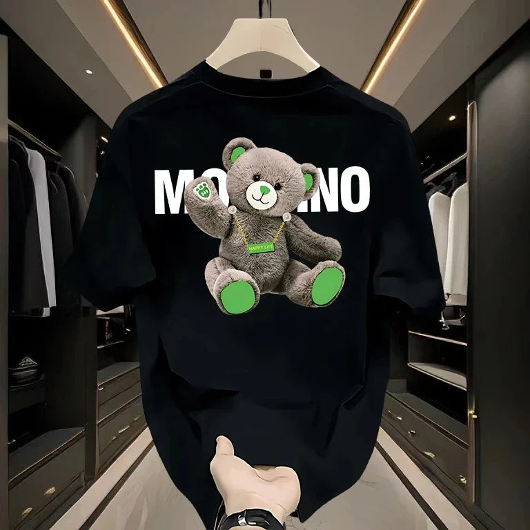 Pure cotton black short-sleeved unisex T-shirt with printed green-accented bear design and white text