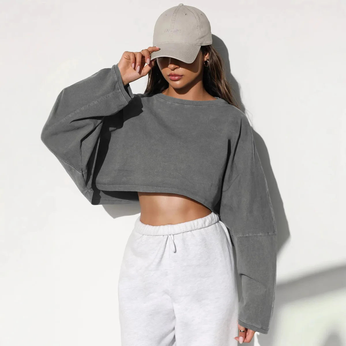 Women's Loose Long Sleeve Pullover Casual Workout Sexy Female Crop Sweatshirt
