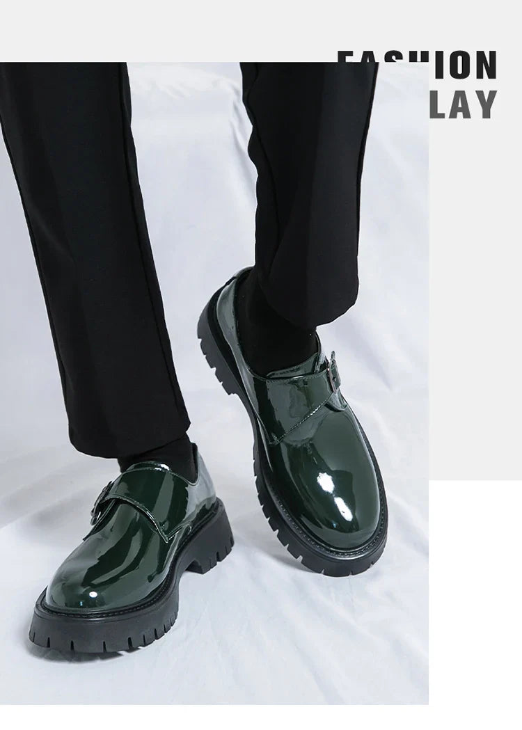 Men's Italian patent leather platform dress shoes in black green, slip-on Oxfords for business and casual style