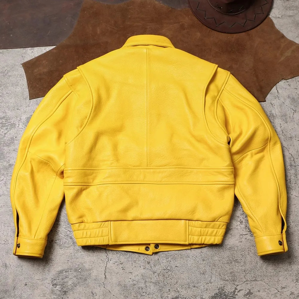 Spring Autumn Mauroicardi Cool Handsome Short Yellow Soft Pu Leather Jacket Men