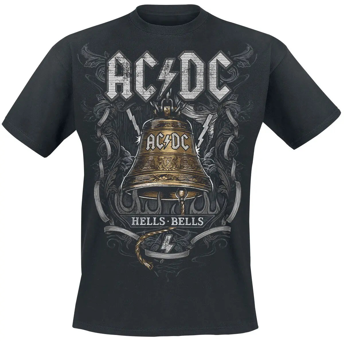 Black unisex short sleeve cotton T-shirt with Hell Bells AC/DC band logo and bell graphic