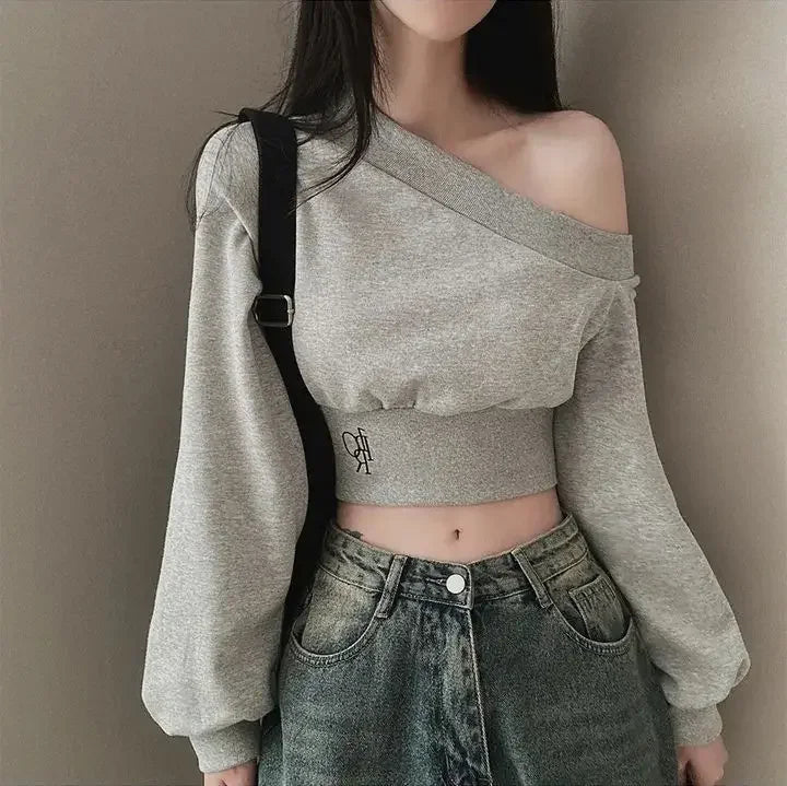 Women's Fashion Design Shoulder-baring Side Collar Slimming Top