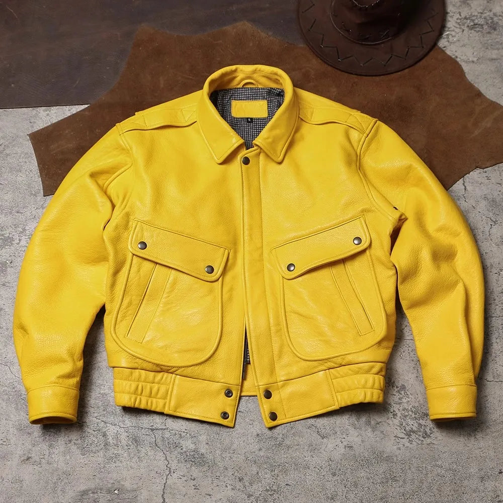 Spring Autumn Mauroicardi Cool Handsome Short Yellow Soft Pu Leather Jacket Men