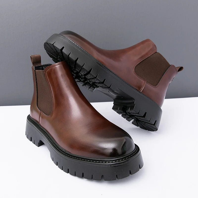 Brown MALEVA Chelsea leather boots with elastic side panels and rounded toe, stylish and versatile footwear for men.