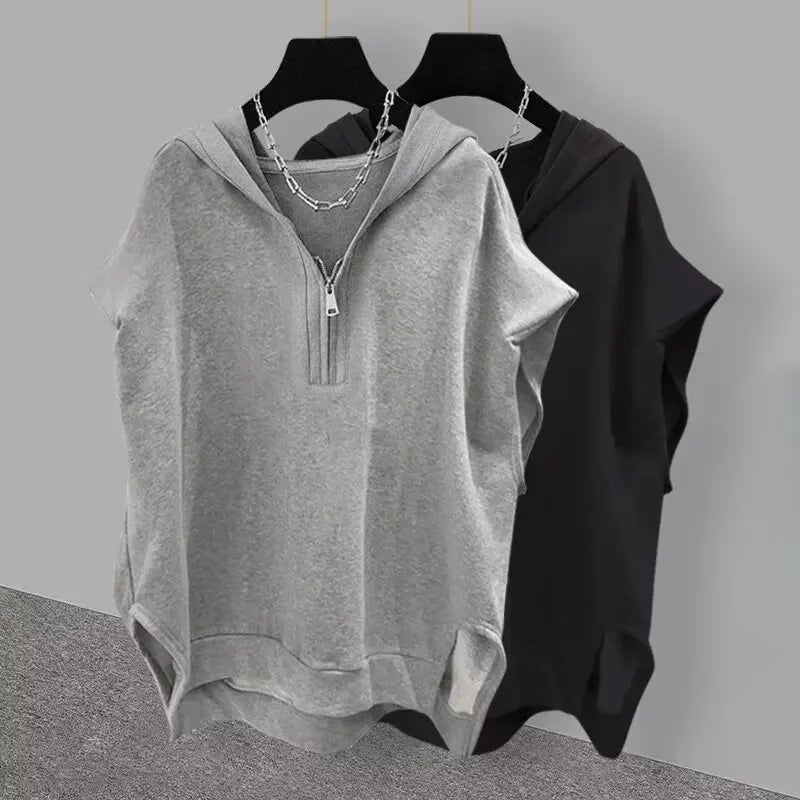 American Style Street Hooded Cotton Vest Sleeveless Spring Summer Casual Zip Up