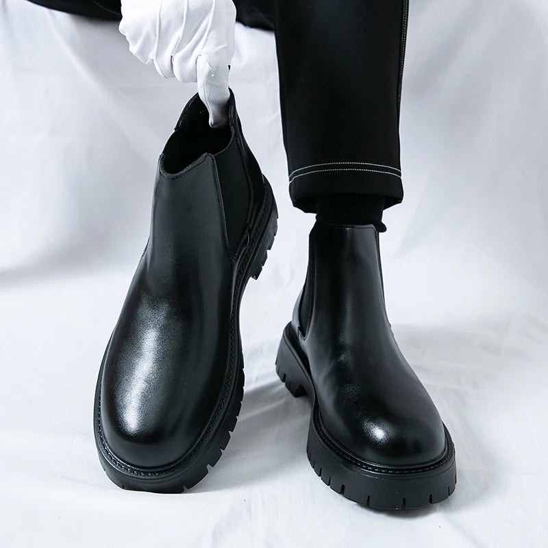 Brown MALEVA Chelsea leather boots with elastic side panels and pull tabs, stylish ankle-length footwear for men.
