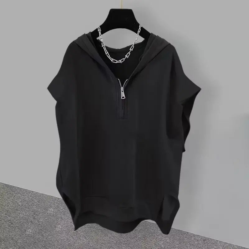 American Style Street Hooded Cotton Vest Sleeveless Spring Summer Casual Zip Up