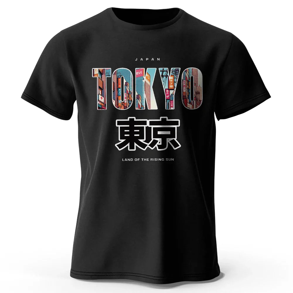 Black Tokyo printed fashion T-shirt with colorful city design, 100% cotton, round neck, short sleeves, casual style