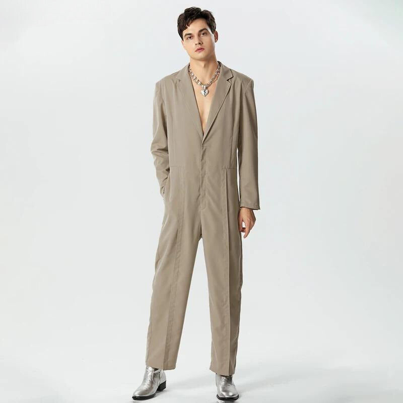 Men's Solid Color Jumpsuit | Lapel Long Sleeve