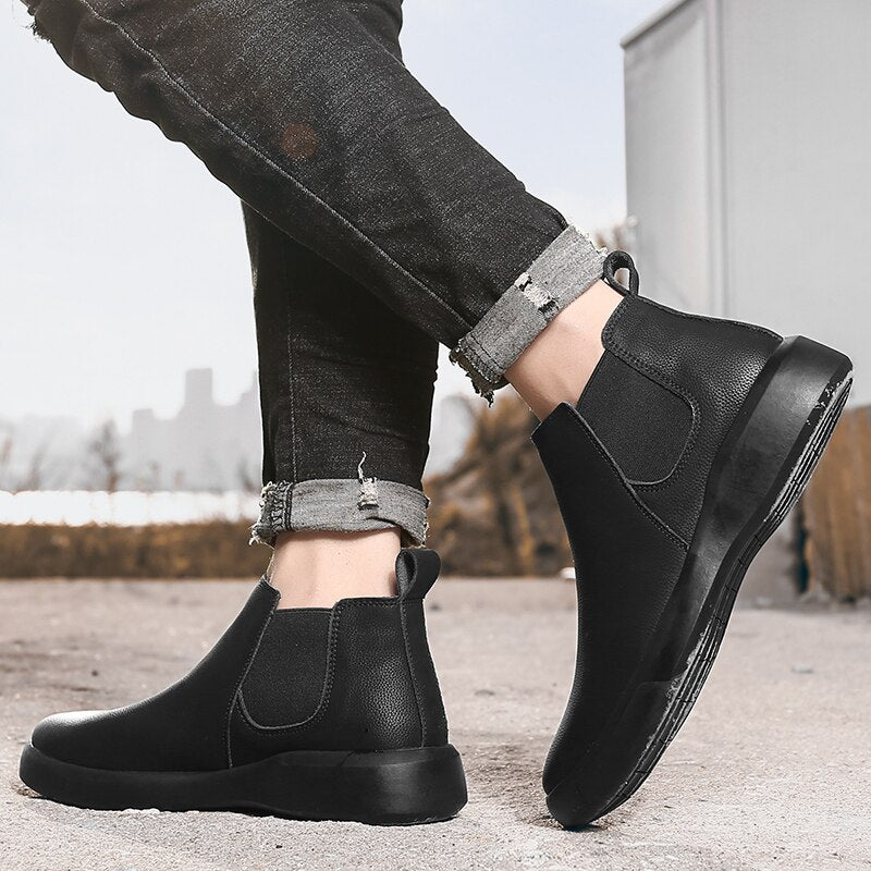 Men's Short Ankle Boots Waterproof Slip-On Leather