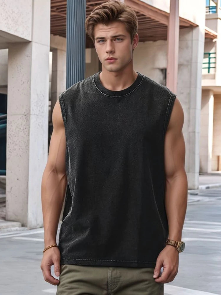 Summer Men's Washed Cotton Tank Tops Muscle Gym Sleeveless Workout T-Shirts