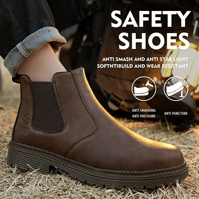 Brown high-top anti-smash and anti-puncture work safety shoes for men with durable rubber sole and bonded leather upper.