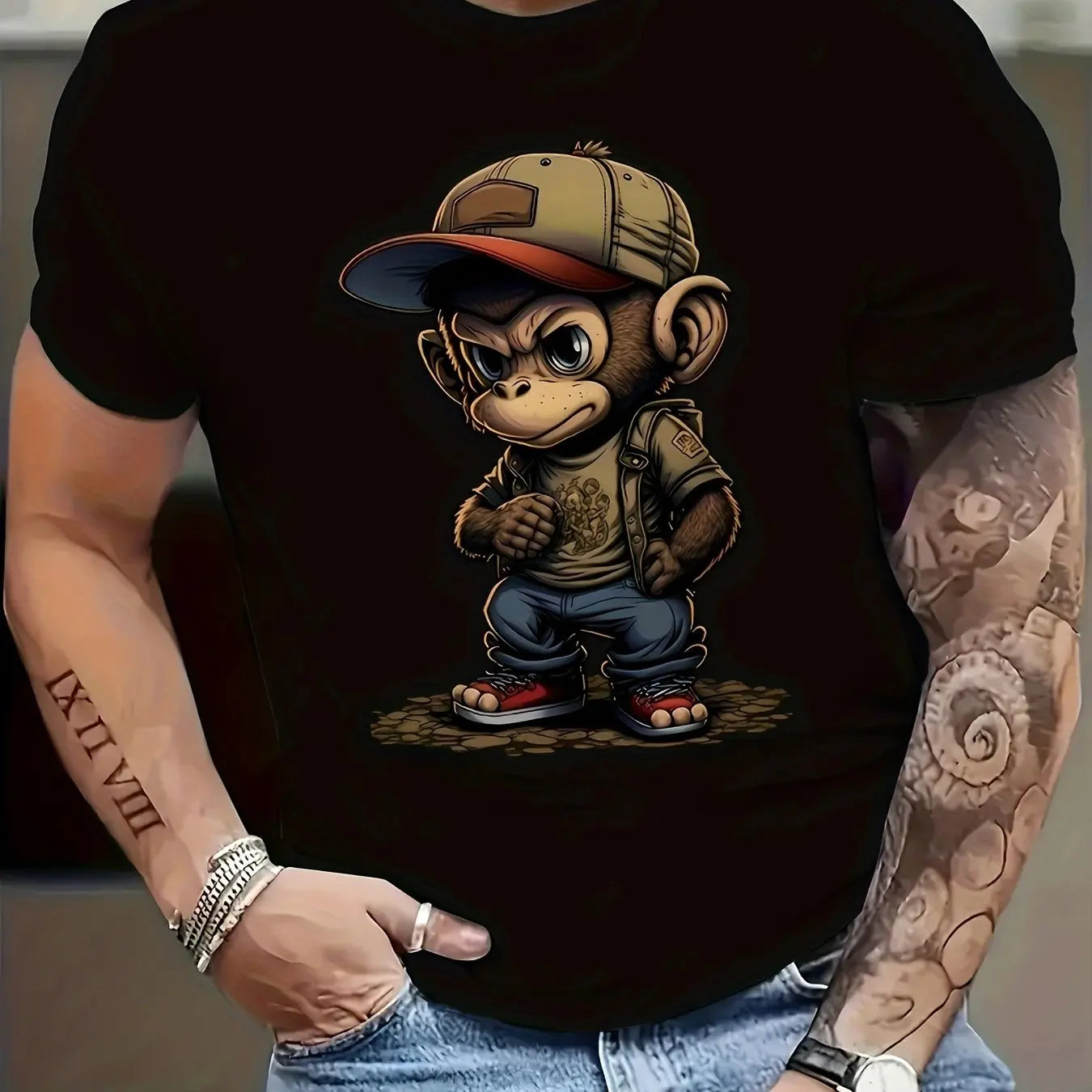 Men's loose fit fashion short sleeve T-shirt with 3D printed monkey graphic design