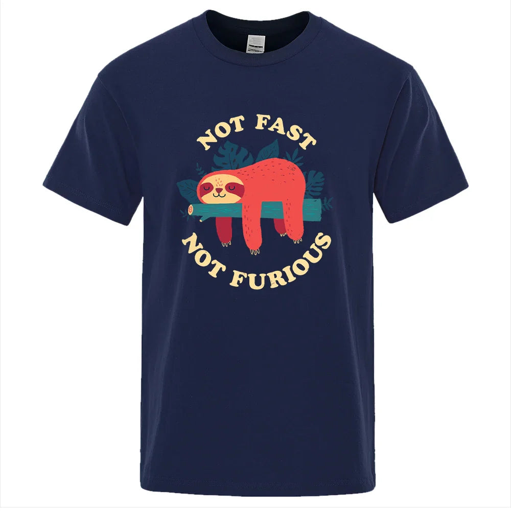 Navy unisex cotton t-shirt with cute sloth print and "Not Fast Not Furious" text, breathable casual summer top