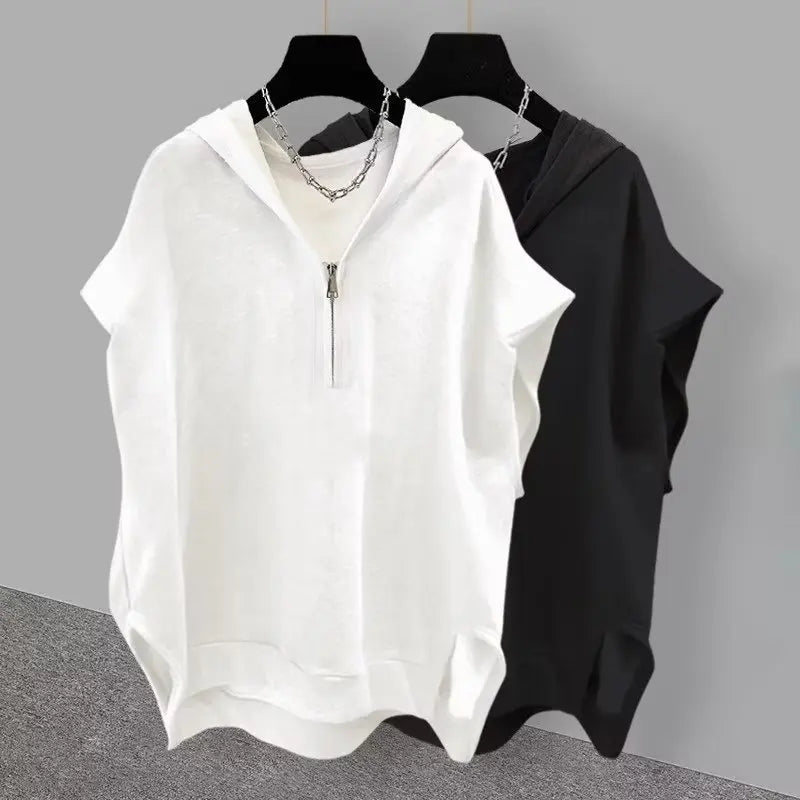 American Style Street Hooded Cotton Vest Sleeveless Spring Summer Casual Zip Up
