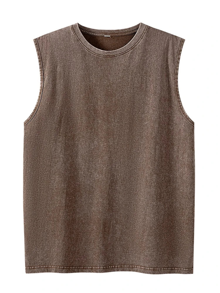 Summer Men's Washed Cotton Tank Tops Muscle Gym Sleeveless Workout T-Shirts
