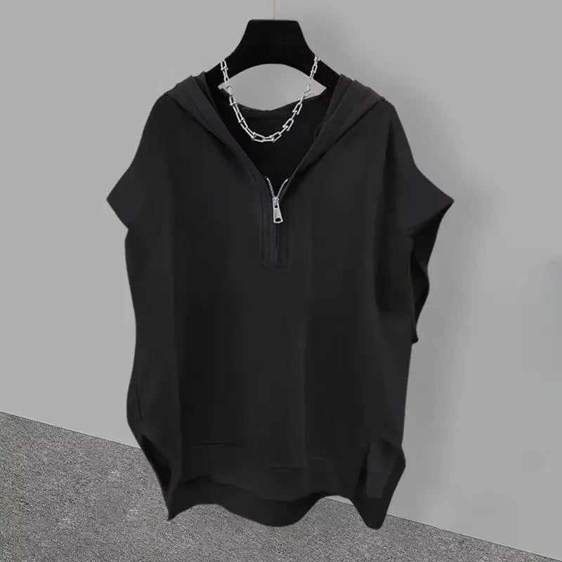 American Style Street Hooded Cotton Vest Sleeveless Spring Summer Casual Zip Up