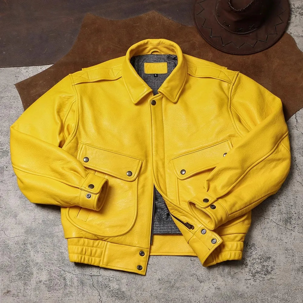 Spring Autumn Mauroicardi Cool Handsome Short Yellow Soft Pu Leather Jacket Men
