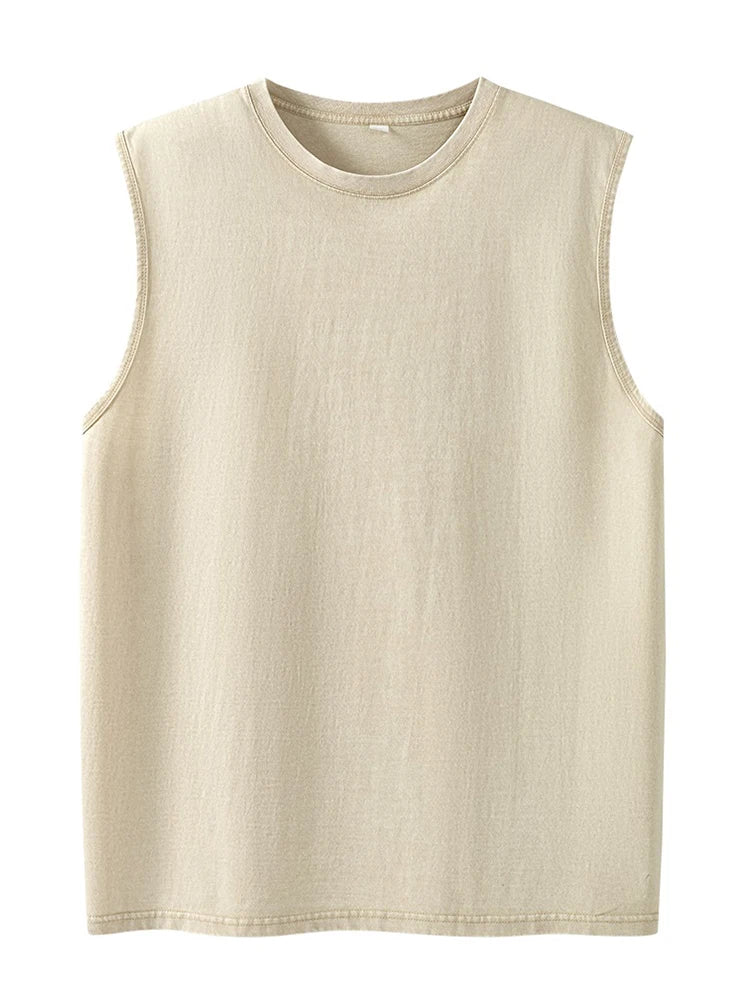 Summer Men's Washed Cotton Tank Tops Muscle Gym Sleeveless Workout T-Shirts