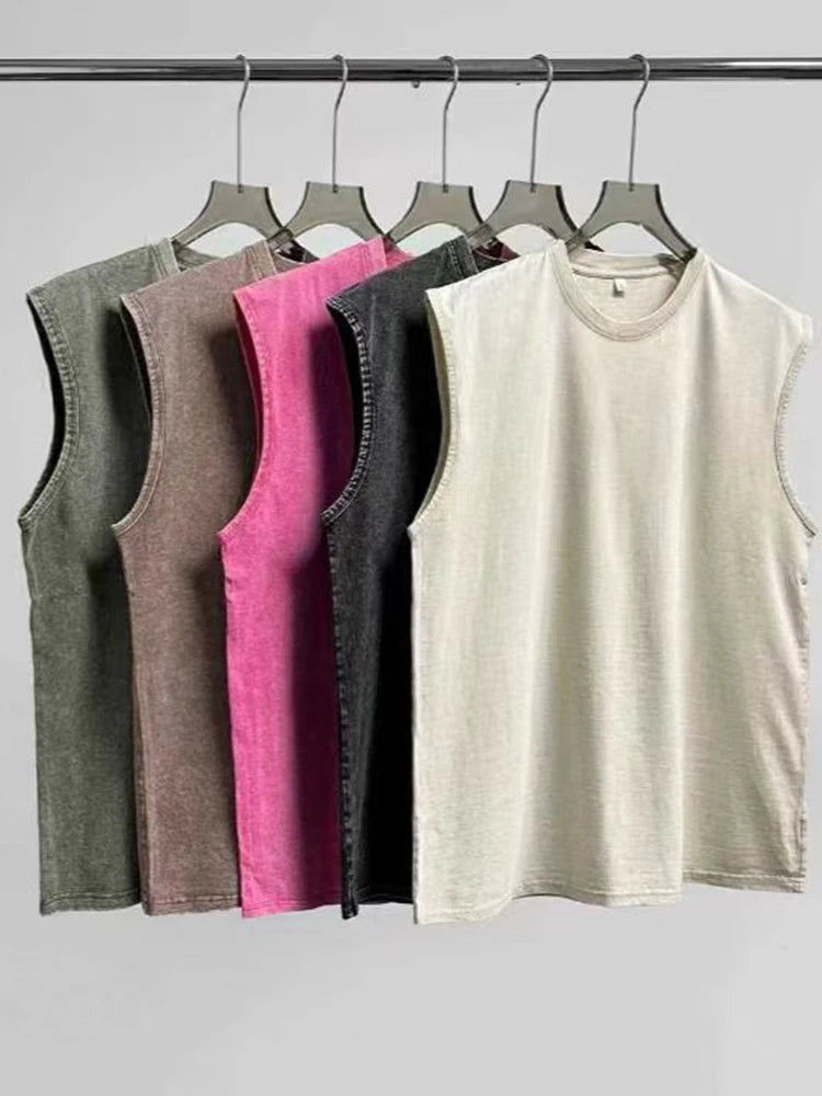 Summer Men's Washed Cotton Tank Tops Muscle Gym Sleeveless Workout T-Shirts