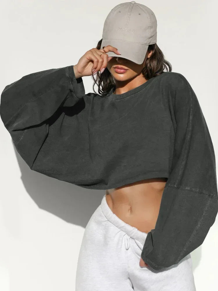 Women's Oversize Crop Sweatshirt Solid Color Y2k Pullover
