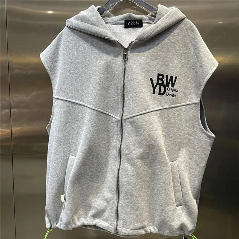 Fashion Printed Letter Sleeveless Zipper Hooded Sweatshirts