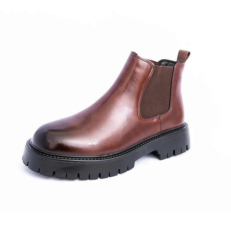 Brown MALEVA Chelsea leather boots with elastic side panels and sleek design, perfect for stylish and comfortable wear.
