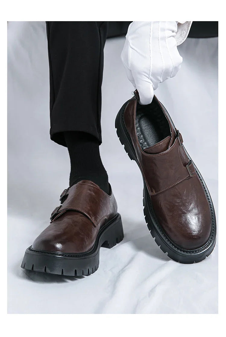 Men's brown leather slip-on Oxfords with thick rubber platform sole for casual and business wear