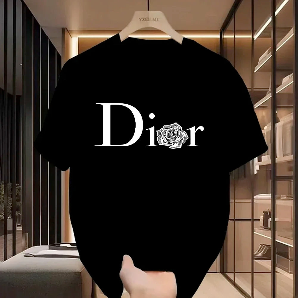 Black women casual T-shirt with "Dior" logo and rose graphic, Y2K vintage trendy pullover style.