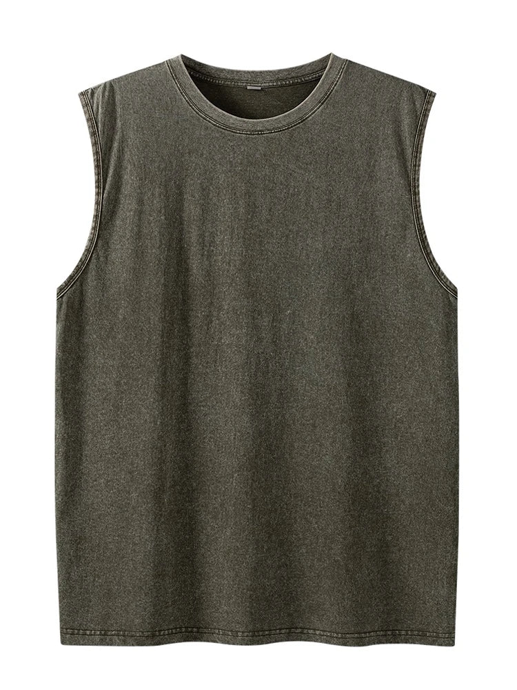 Summer Men's Washed Cotton Tank Tops Muscle Gym Sleeveless Workout T-Shirts