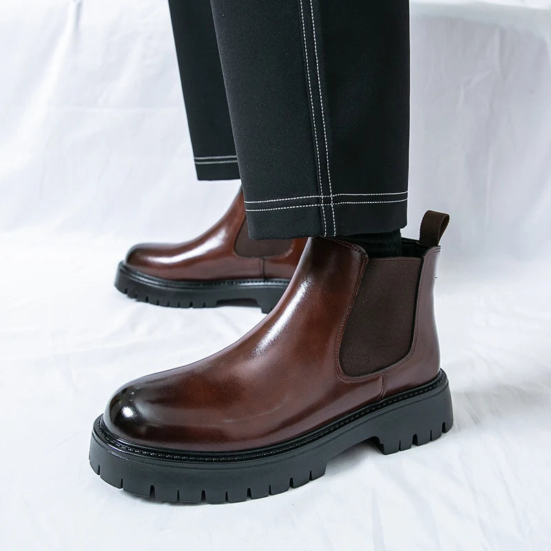 Brown MALEVA Chelsea Leather Boots with elastic side panels and rounded toe, stylish ankle boots for versatile wear.