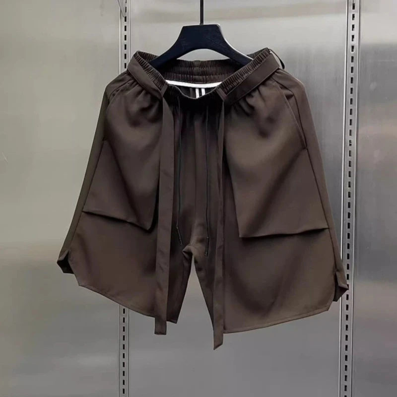 Men's Summer Pure Color Coffee Drawstring Casual Ice Silk Shorts
