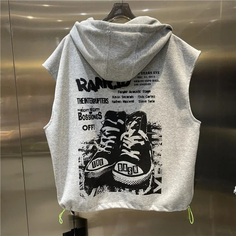 Sleeveless gray hooded sweatshirt with fashion printed letters and graphic design on the back, featuring a zipper closure and casual summer style.