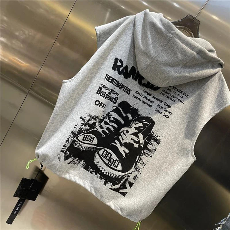 Fashion Printed Letter Sleeveless Zipper Hooded Sweatshirts