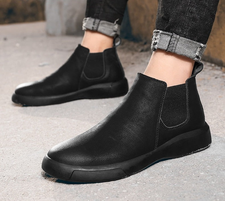 Men's Short Ankle Boots Waterproof Slip-On Leather